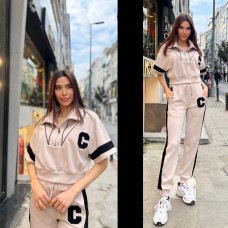 Beige Tracksuit with Black Stripe Details