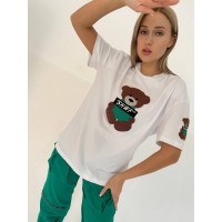 White T-Shirt With Green Teddy Bear Design (Comfort Fit)