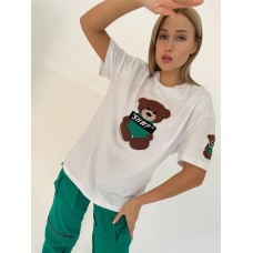 White T-Shirt With Green Teddy Bear Design (Comfort Fit)